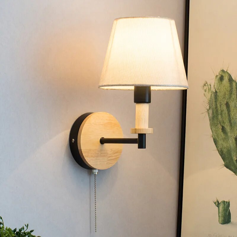 Applique Murale LED Nordique Bois Massif et abat-jour en Tissu