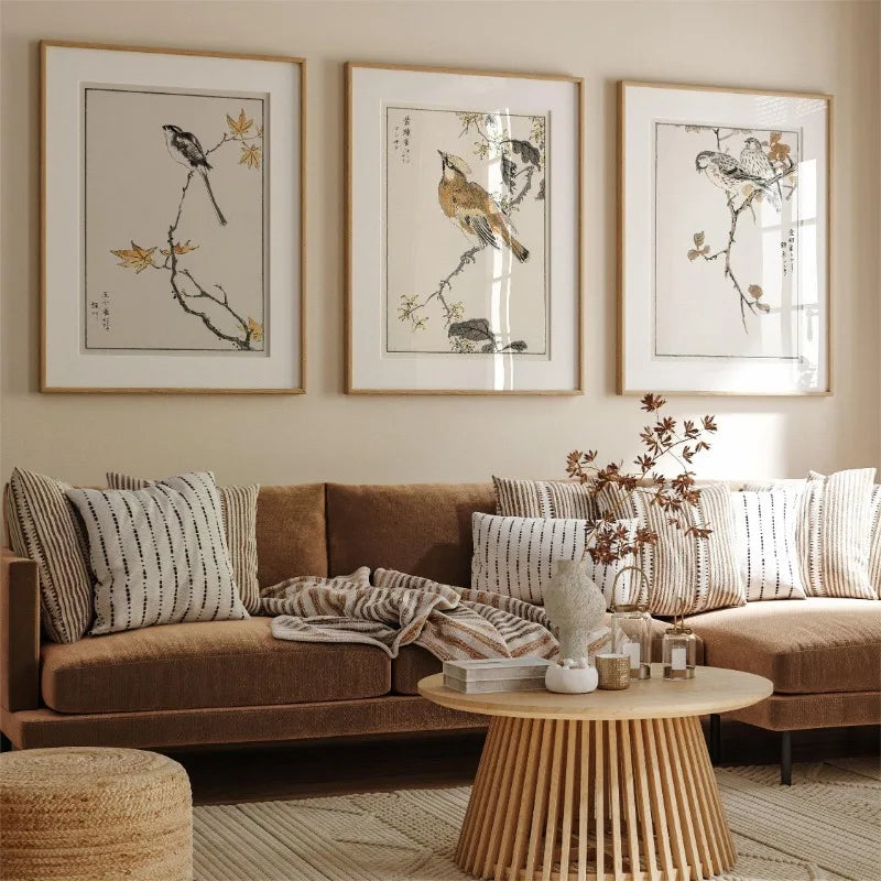 ensemble de 3 affiches oiseaux vintage japonais sur branches