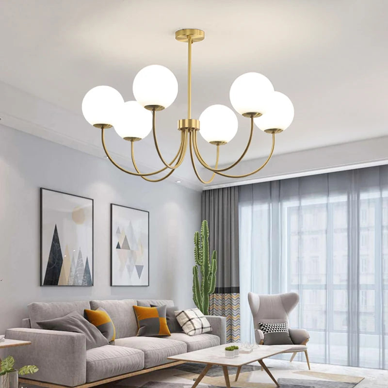 lustre moderne en verre avec luminaire suspendu et structure métallique
