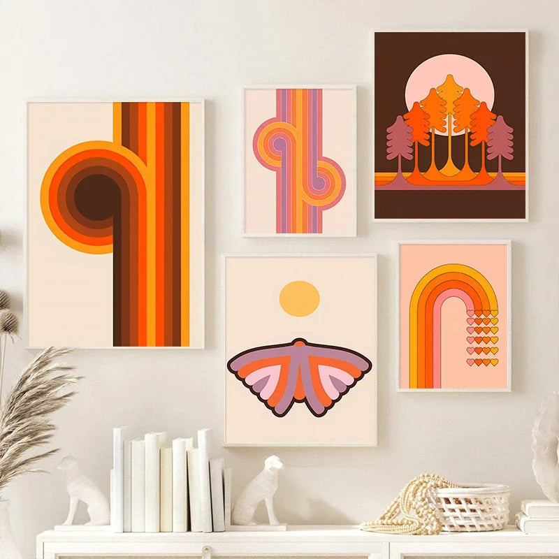 impressions d'art rétro coucher de soleil fleurs papillon décor mural boho
