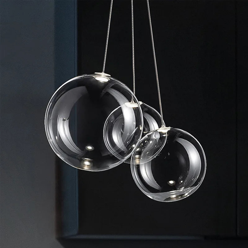 suspension moderne led boule de verre design chrome