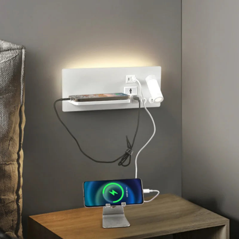 lampe de chevet murale avec chargement sans fil usb type-c et projecteur rotatif