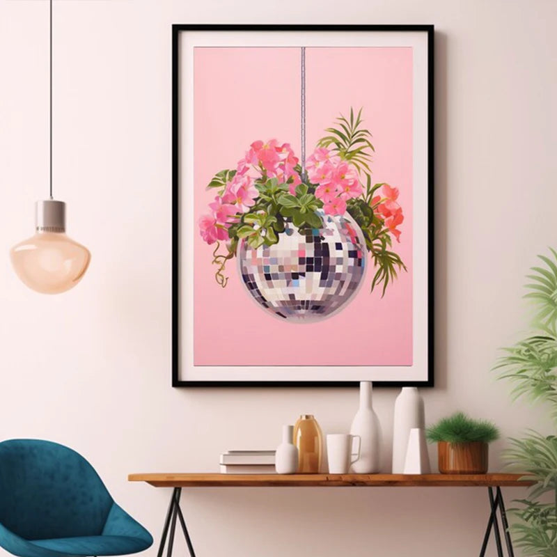 affiche artistique boule disco abstraite rétro pour décoration intérieure