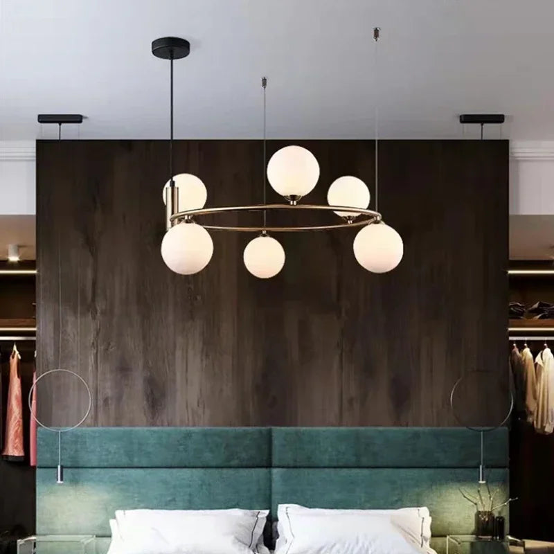 Nordique créatif boule de verre lustre circulaire salon chambre lumière enfants étude magasin de vêtements Restaurant haricot magique
