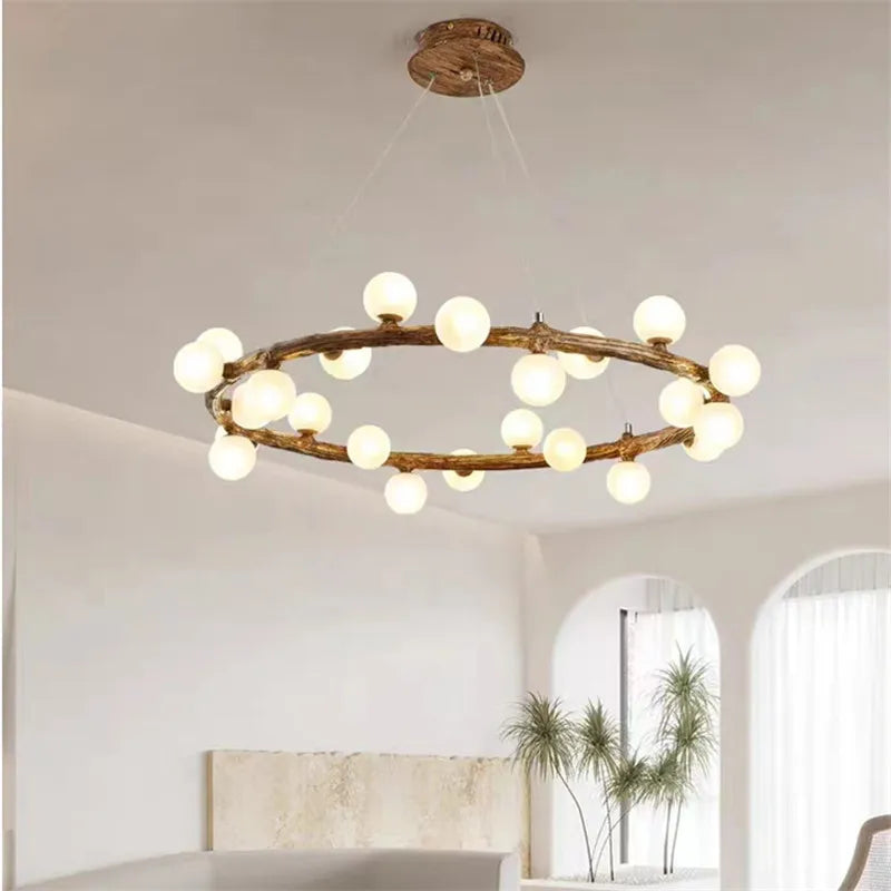 lustre rétro en forme de branche d'arbre en bois et verre