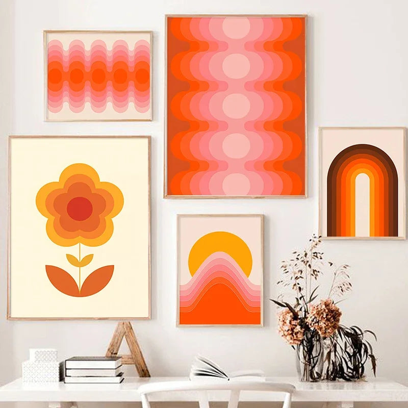 impressions d'art rétro coucher de soleil fleurs papillon décor mural boho