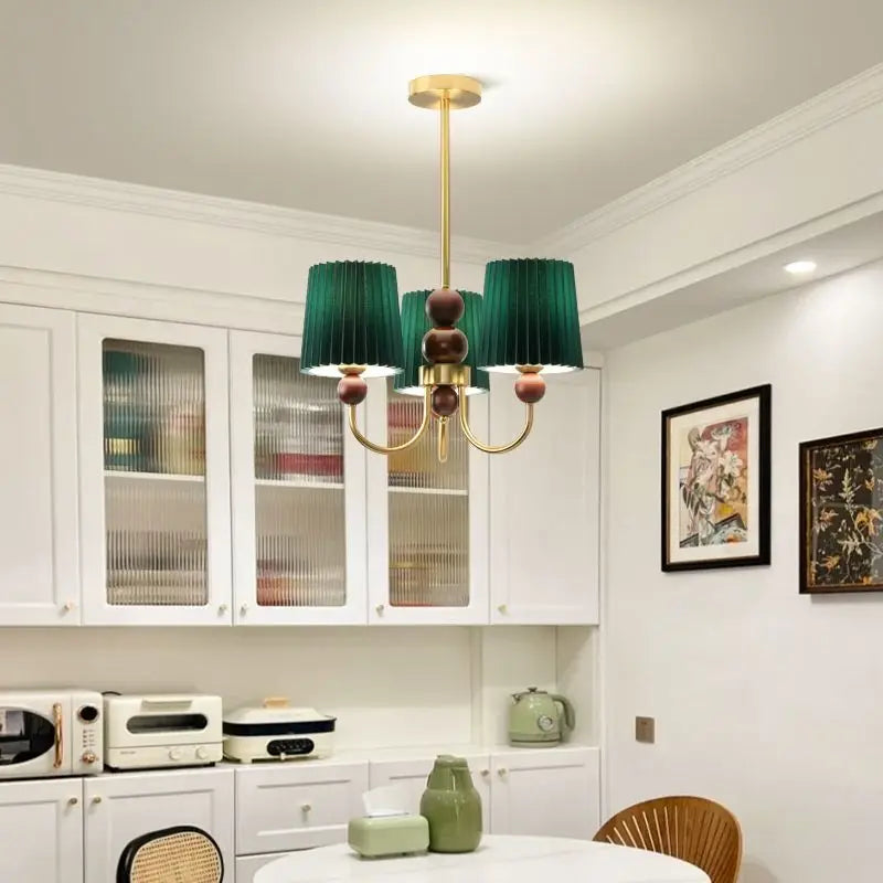 lustre led vintage américain en tissu plissé et bois wabi-sabi