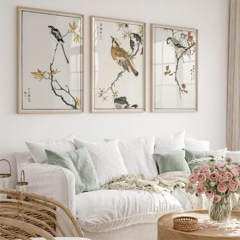 ensemble de 3 affiches oiseaux vintage japonais sur branches