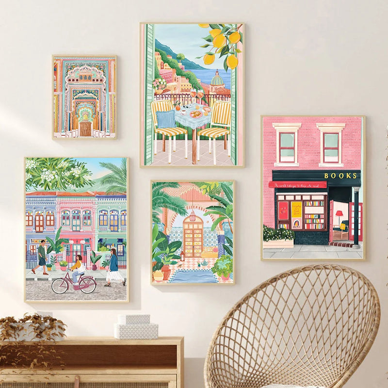 peinture murale rétro de ville côtière art décoratif voyage