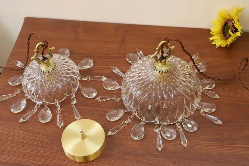 lustre en laiton nordique rétro suspendu en cristal et verre