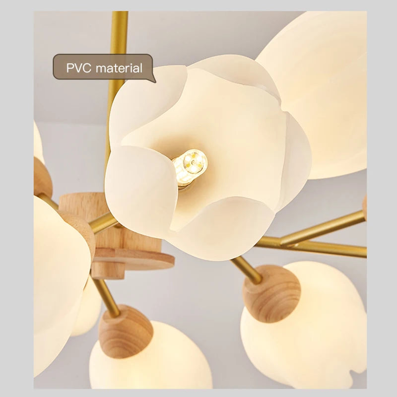 lustre nordique en bois avec lumière en forme de fleur