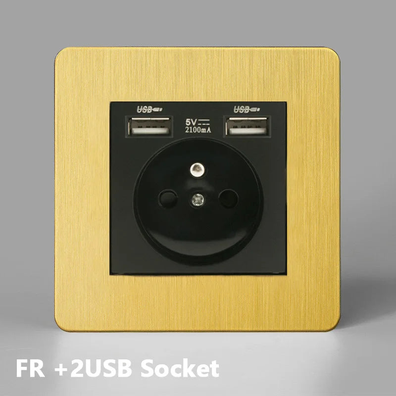 Prise électrique et double USB en acier doré brossé bords arrondis