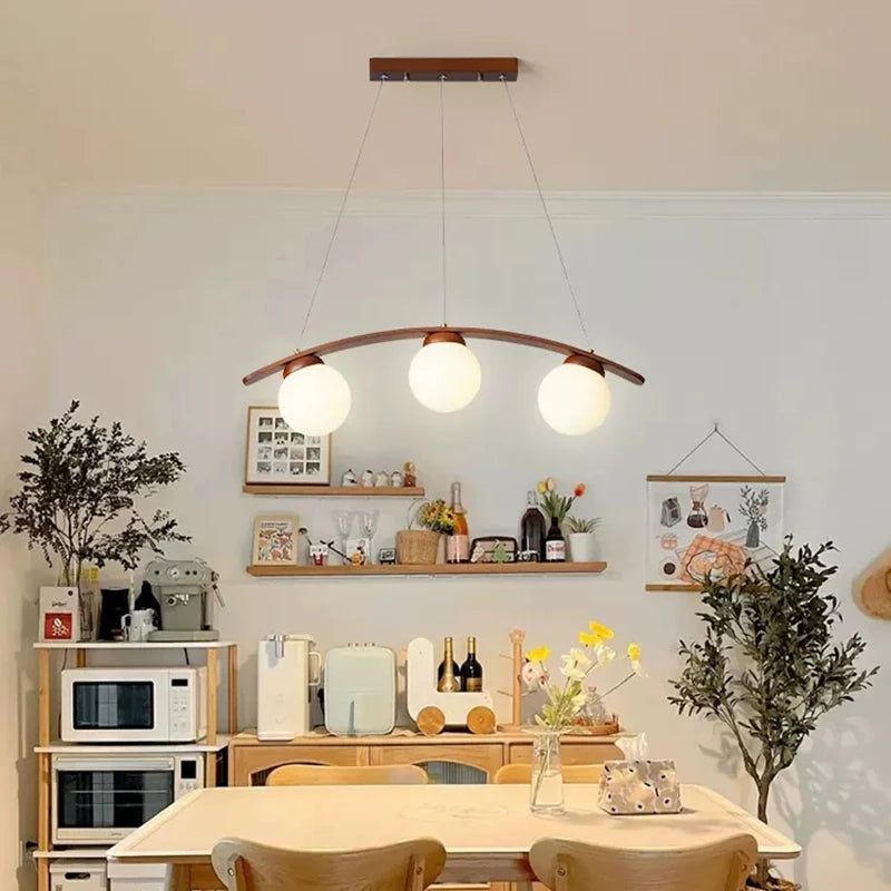 suspension en bois moderne avec boule de verre et éclairage led