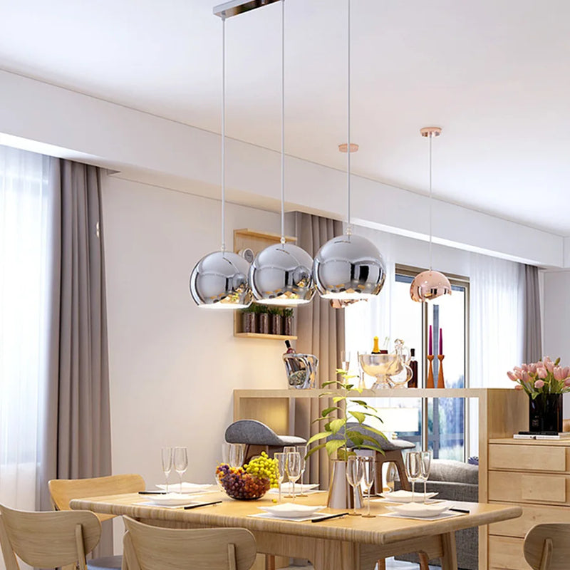 Plaqué nordique argent Globe boule miroir lampes suspendues E27 fer lampe suspendue de luxe en laiton argenté Art cuisine hôtel suspension lampe