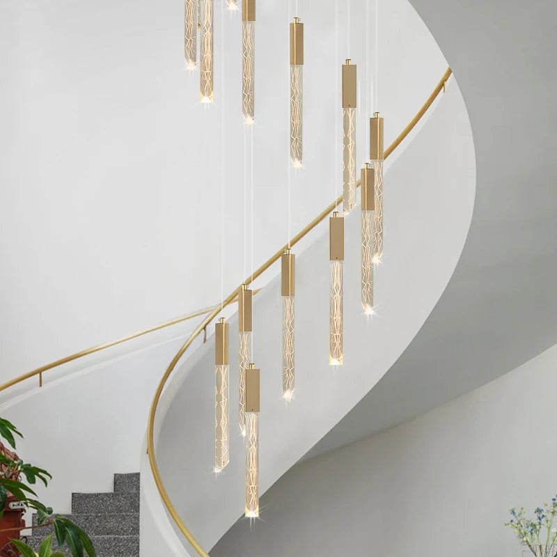 lustre en or lampe d'escalier moderne LED éclairage intérieur en cristal spirale