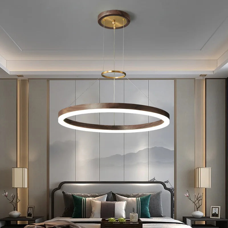 lustre moderne en bois massif avec lumières led