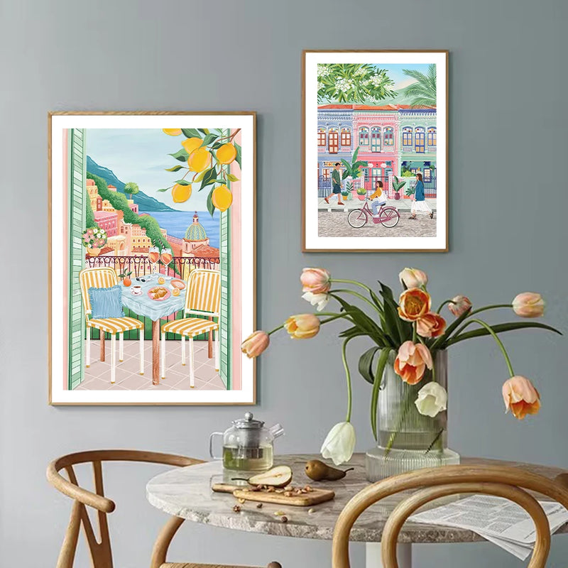 art mural rétro d'une ville côtière en voyage