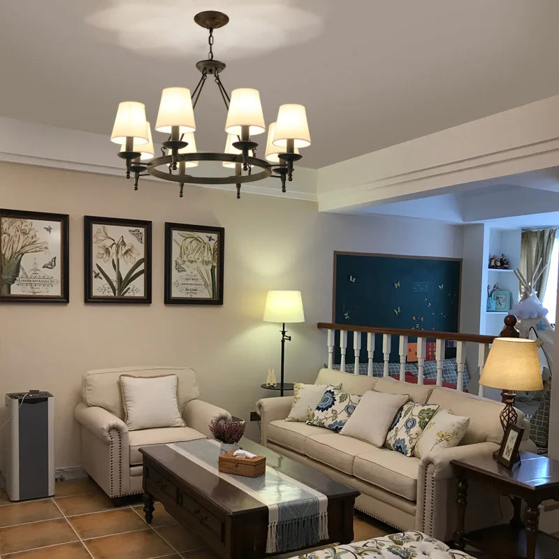 suspension rétro en fer avec abat jour en tissu