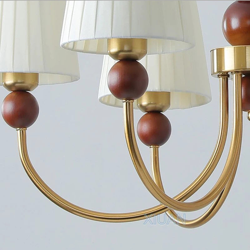 lustre led vintage américain en tissu plissé et bois wabi-sabi