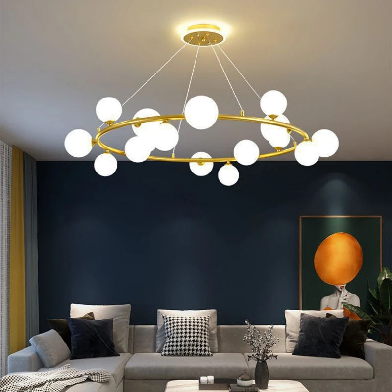 lustre moderne en verre mat avec anneau noir et fil réglable