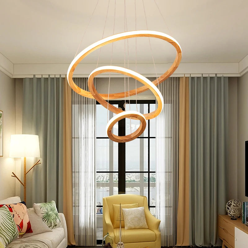 suspension moderne en bois avec lustre rond design lumineux