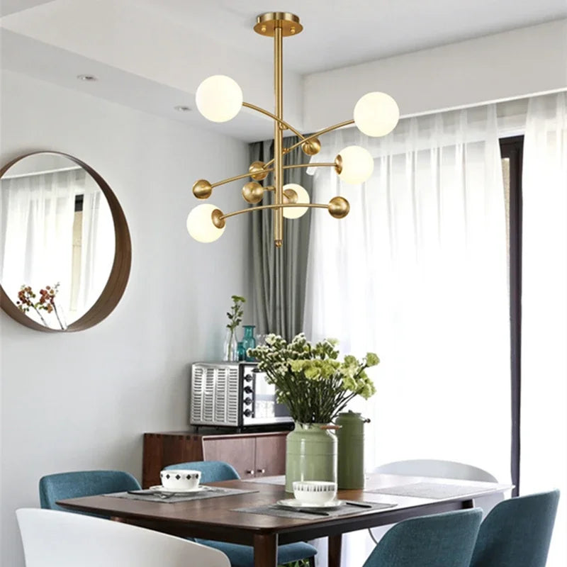 Nordic 5 Heads Copper Chandelier For Living Room Bedroom Hotel Rotatable Arms Milky White Lampshade G9 LED Lighting Fixtures