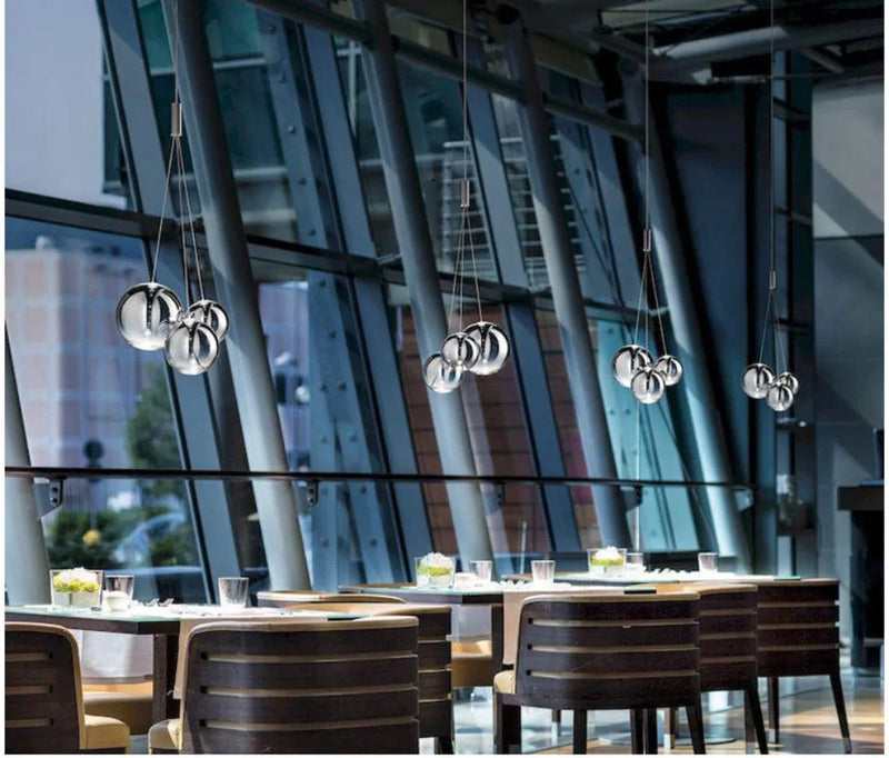 suspension moderne led boule de verre design chrome