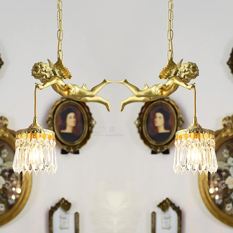 lustre moderne led avec ange en cristal médiéval bronze