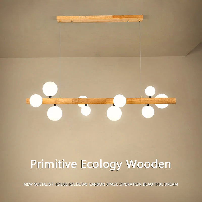 lustre moderne en bois et verre laiteux pour espaces contemporains