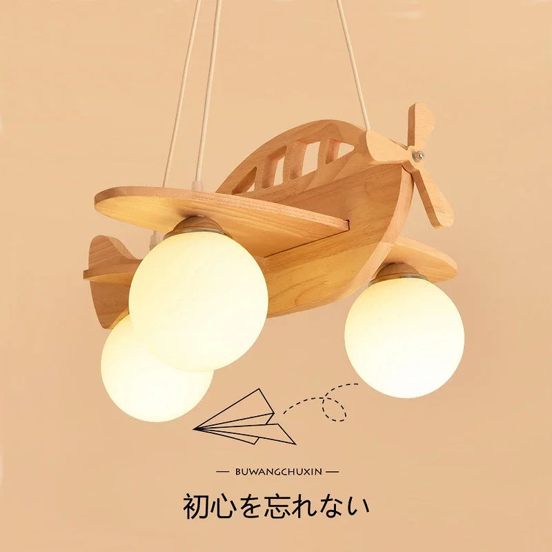 lustre en bois avion pour chambre d'enfant à led