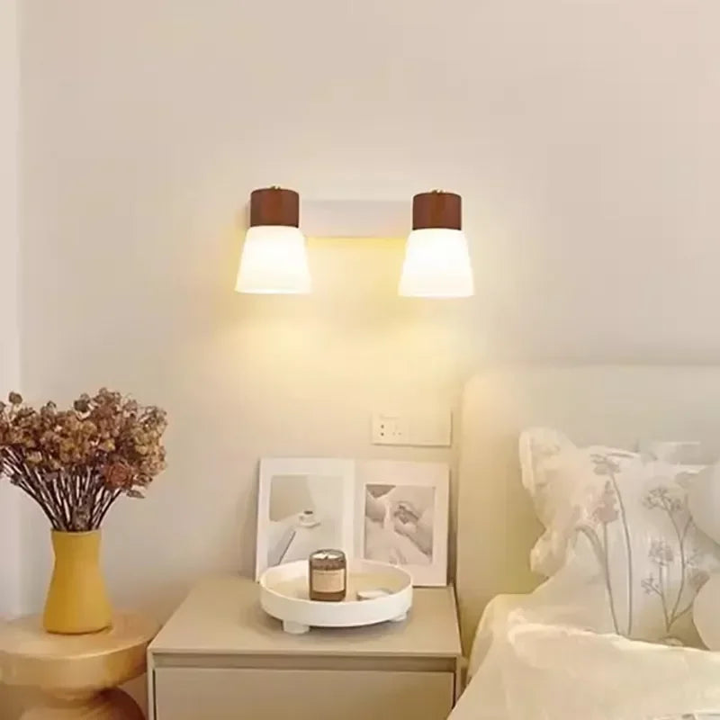 Applique murale nordique en bois LED Double tête lait blanc applique murale en verre pour chambre salon étude salle à manger décor à la maison luminaire