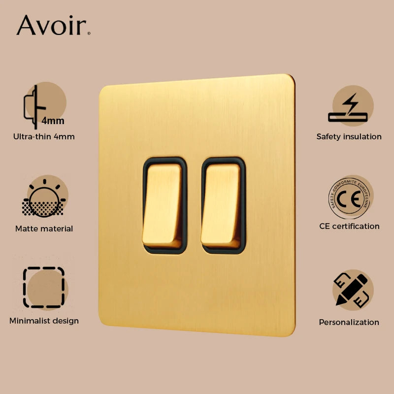 Interrupteur simple 1 voie avec LED 20A en acier doré brossé bords arrondis