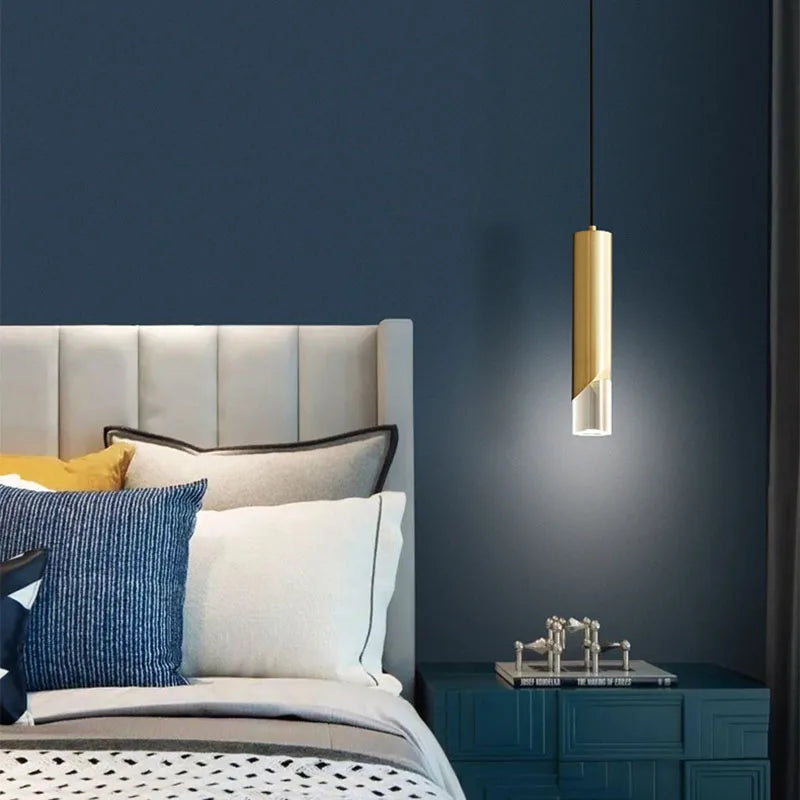 lustre led cylindrique minimaliste en fer et cristal clair