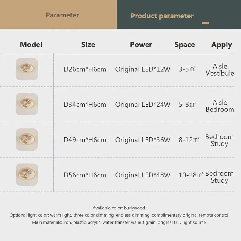 Plafonnier LED nordique en forme de lune en bois