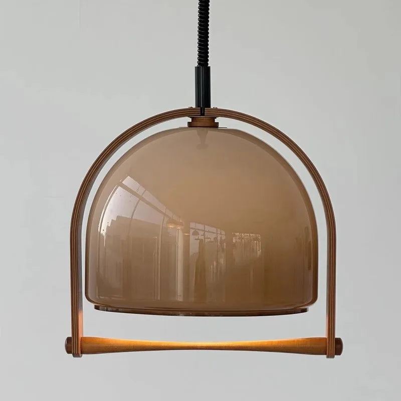 suspension en verre et bois foncé réglable en hauteur style