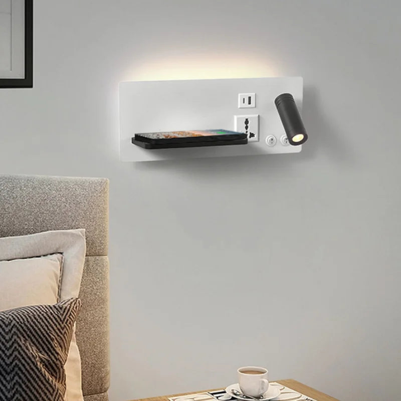 lampe de chevet murale avec chargement sans fil usb type-c et projecteur rotatif