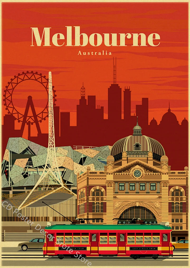 affiche rétro des villes du monde pour décoration murale