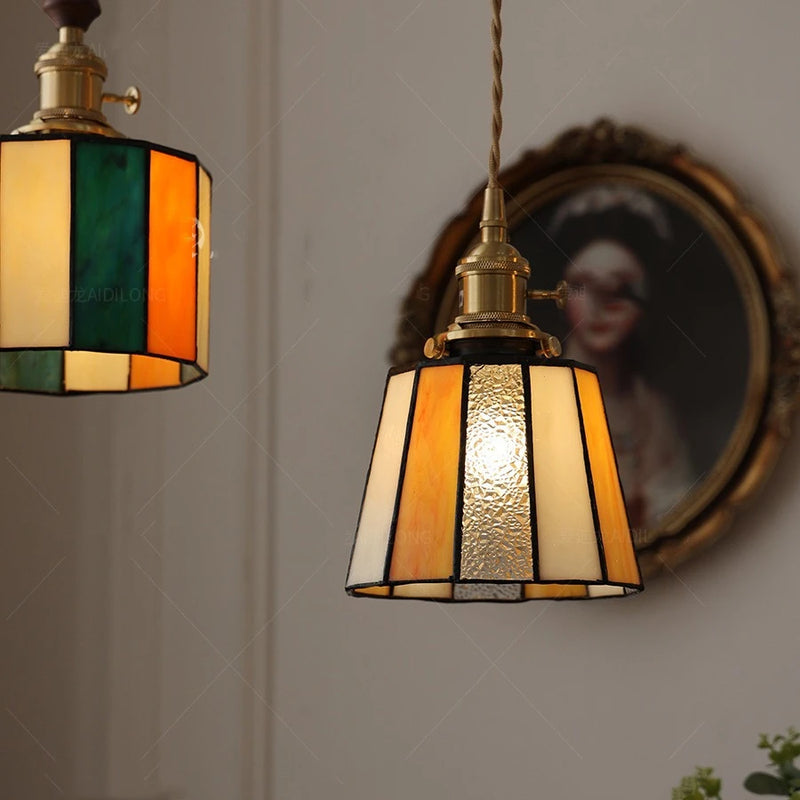Suspension led vintage style japonais douille cuivre abat-jour verre