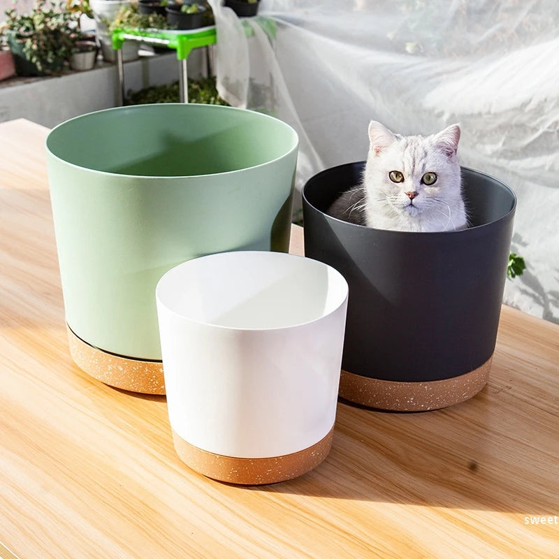 grand pot circulaire en plastique pour plantes d'intérieur avec drainage et plateau