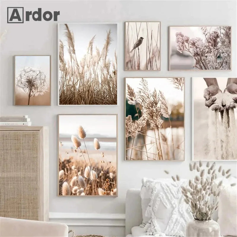 art mural coucher de soleil roseaux oiseaux fleurs décoration nordique