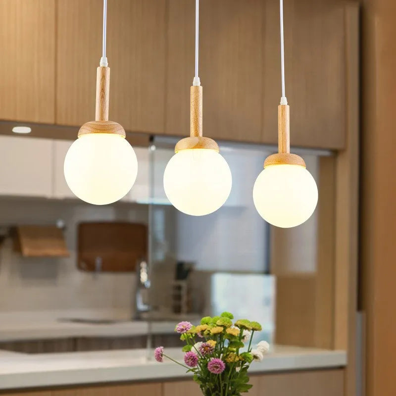 Suspension LED en verre nordique en forme d'oiseau rond en bois