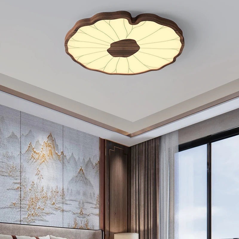 plafonnier moderne design feuille lotus en bois avec lumière led