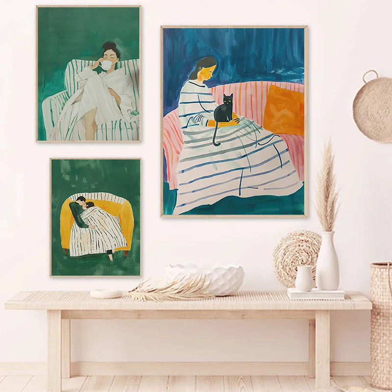 femme chat abstrait art mural pour décoration moderne