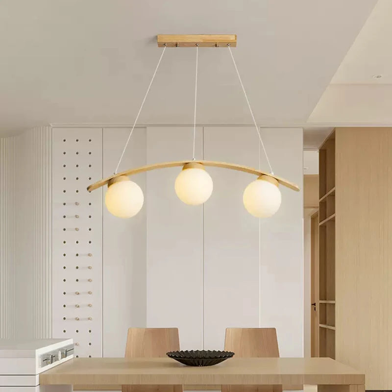 suspension en bois moderne avec boule de verre et éclairage led