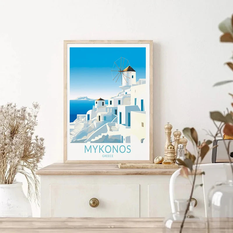affiche rétro de voyage avec château et île de santorin en grèce