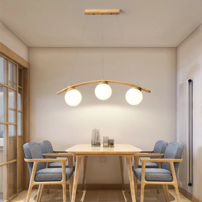 suspension en bois moderne avec boule de verre et éclairage led