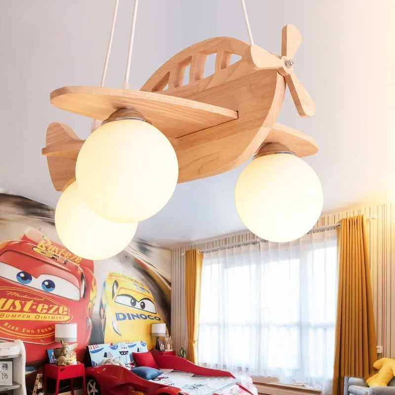 lustre en bois avion pour chambre d'enfant à led