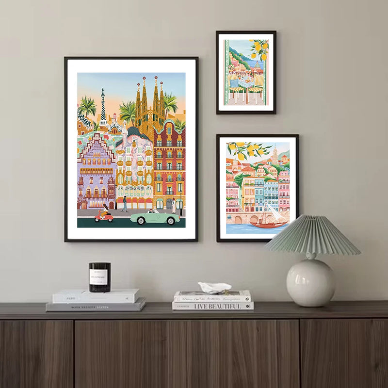 art mural rétro de ville côtière avec bateau décoratif