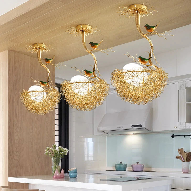 lustre moderne led en forme de nid d'oiseau en verre