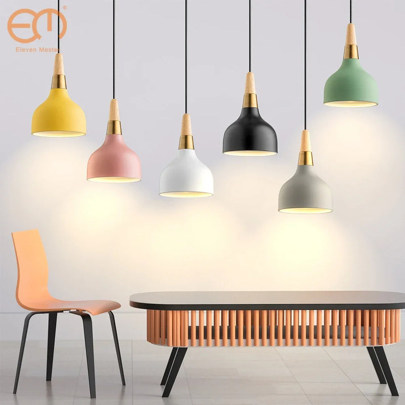 suspension led nordique décorative en bois en forme de macaron
